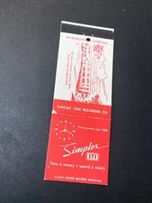 Vintage Massachusetts Matchbook “SIMPLEX TIME RECORDER CO - Since 1888” Gardner