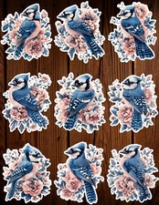 Blue Jay Pink Flowers Die Cut Stickers Set Scrapbooking Laptop Waterbottle
