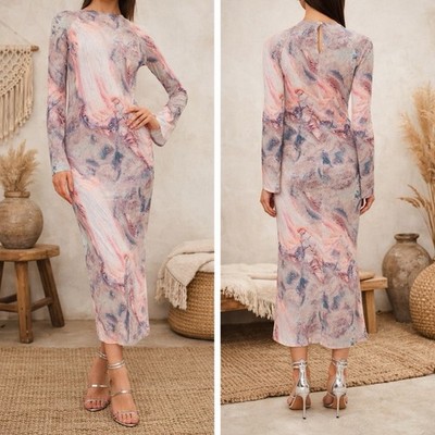 Karen Millen Womens Marble Print Jersey Long Sleeve Midi Dress - Pink - Size M Karen Millen Womens Marble Print Jersey Long Sleeve Midi Dress - Pink - Size M