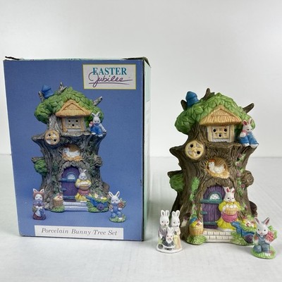 Easter Jubilee Porcelain Bunny Tree Set w/ Figures Vintage Display K-Mart