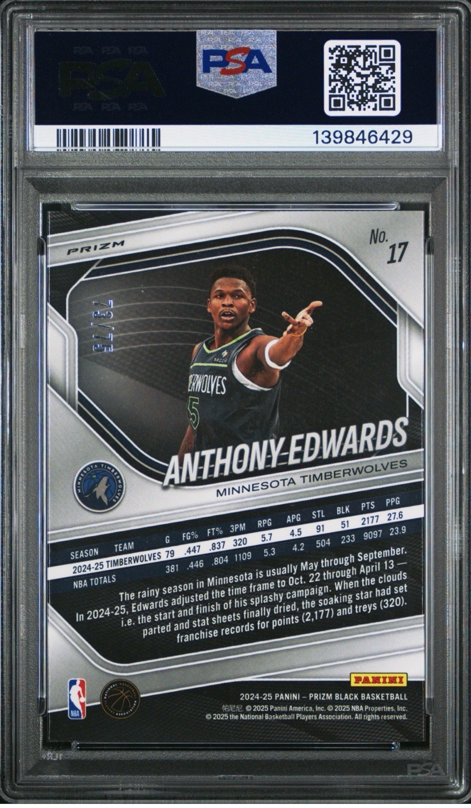 2024 PANINI PRIZM BLACK RED POWER #17 ANTHONY EDWARDS 73/75 PSA 10 view 2