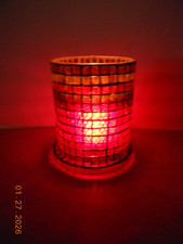 Mosaic Glass Pillar Candle Holder 5" x 4" Multicolor-Red Base Red Votive L K