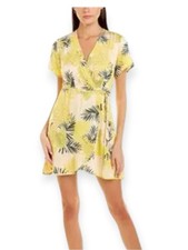 Molly Green Shauna Tropical Yellow/Black Palm Print Wrap Mini Dress Size Small