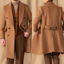 Men Camel Cashmere Coat Jacket Double Breasted Peak Lapel Tweed Winter Long