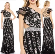 New Mac Duggal Size 4 Black Floral Embroidered Ruffle One Shoulder Lace Up Gown