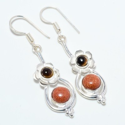 Golden Sunstone & Yellow Tiger Eye Gemstone 925 Silver Plated Earring 2.03'' E9-7