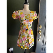 Vintage 60s Style Mod Floral Mini Dress Puff Sleeve Psychedelic Colorful Retro