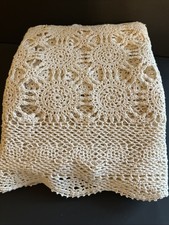 Vtg Crochet Lace Tablecloth 54x92 Ecru Beige Cotton Cottage