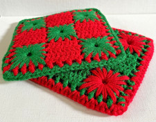 Vintage Christmas Crocheted Trivet Pot Holder Red Green Yarn Crochet 2pc Set NEW