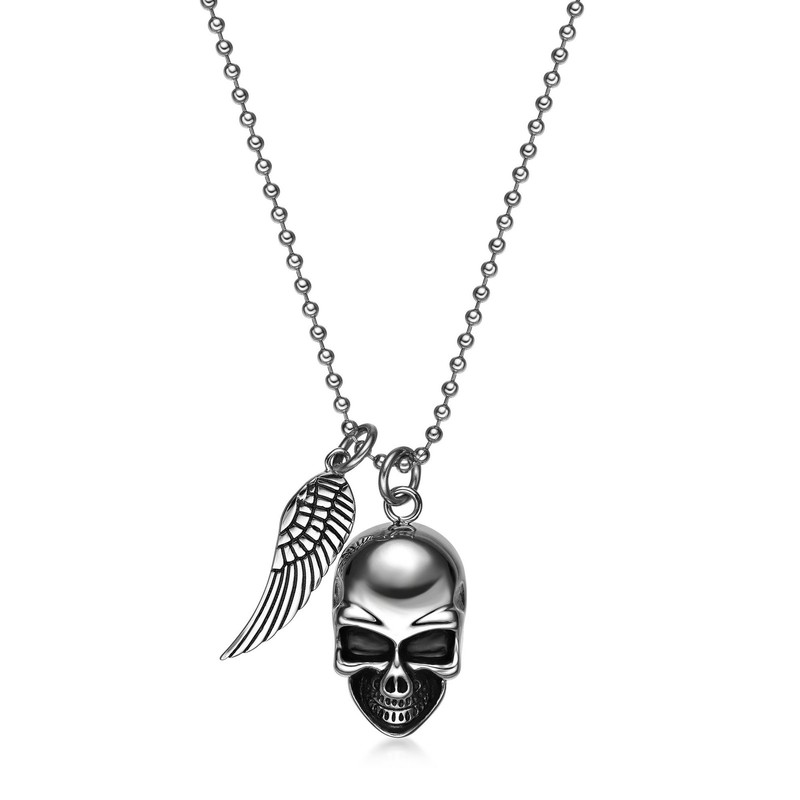 Black Ion Plated Stainless Steel Skull & Angel Wing Pendant - 24 Inch Ball Chain