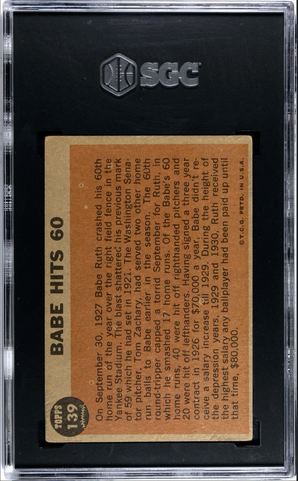 1962 Topps #139 Babe Ruth Special | Babe Hits 60 | SGC Authentic - Image 2 of 2