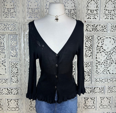 Black Coquette Floral Sheer Whimsygoth Retro 3/4 Sleeve Button Up Cardigan XS/S