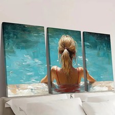 3pcs  Woman by Pool, Relaxing Summer  TY Wall Art Canvas Framed 50x70cm