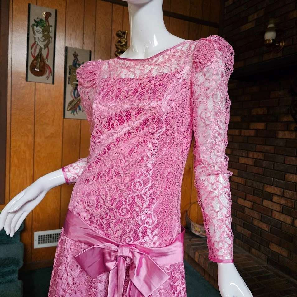 Vtg 80s do 20s Revival Dusty Rose Lace Puff Sleeve Fairy Flapper Party Dress M - Image 3 of 4