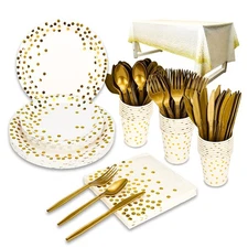 Best 176 Pieces Gold Disposable Party Dinnerware Set &Golden Dot - Black Paper