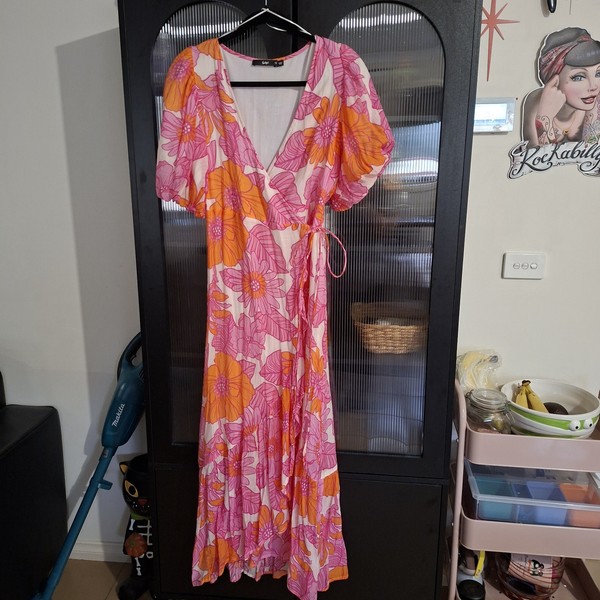 Sportsgirl Pink/Orange/White Floral Wrap V-Neck Puff Sleeve Maxi Dress 12