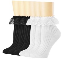 Womens Crew Socks Lace Ruffle Frilly 5-9 6pairs 3black 3 White-lace Style7 