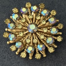Vintage AB Rhinestone Flower Brooch Pin Blue Green Gold Tone Sunburst Starburst
