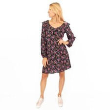 Karen Millen Dress Women Black Floral Pretty Long Sleeve Pink V-Neck Summer