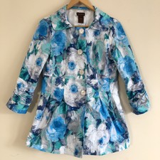 Multiples Jacket Xs Pearly Buttons 3/4 Sleeve Watercolor Floral Blue Green White