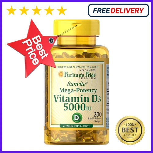 VITAMIN D3 Mega Potency PURITANS PRIDE 5000 IU Immune Supplement 200 Softgels