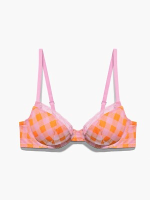NWT $60 Savage X Fenty Pink Orange Checkered Padded Push Up Bra 34A Lace Gingham