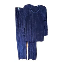 H by Halston Womens Two-Piece Navy Blue Micro Pleat Lounge Pants Set Size Medium