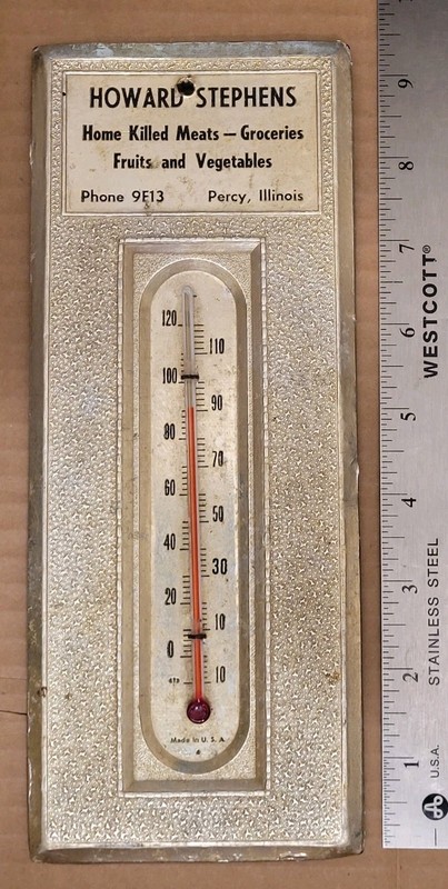 Antique Howard Stephens Groceries Percy,ILL Fiberboard Advertising Thermometer  