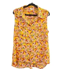 Pleione XL Top Sleeveless Buttons Scalloped Collar Bright Floral Yellow Preppy
