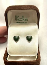 New Zealand - KOHA - Rhodium Plate Greenstone (Jade) Heart Earrings New In Box