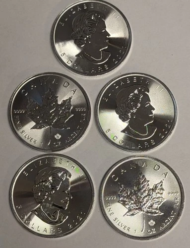 (Lot of 5) 2021 Canada Maple Leaf BU 1 oz .9999 Fine Silver $5 Coins