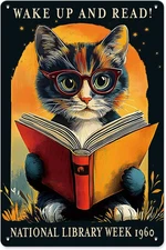 Cat Reading Book Metal Tin Sign Vintage Inspirational Wall Decor for School Libr