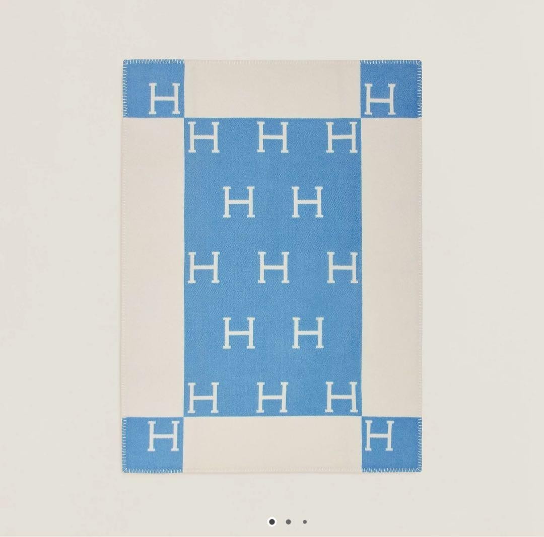 HERMES Blanket AVALON Throw Wool Blend Wool Cashmere blue used no