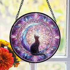 Black Cat Moon Stained Glass Suncatcher, Celestial Gothic Window Decor