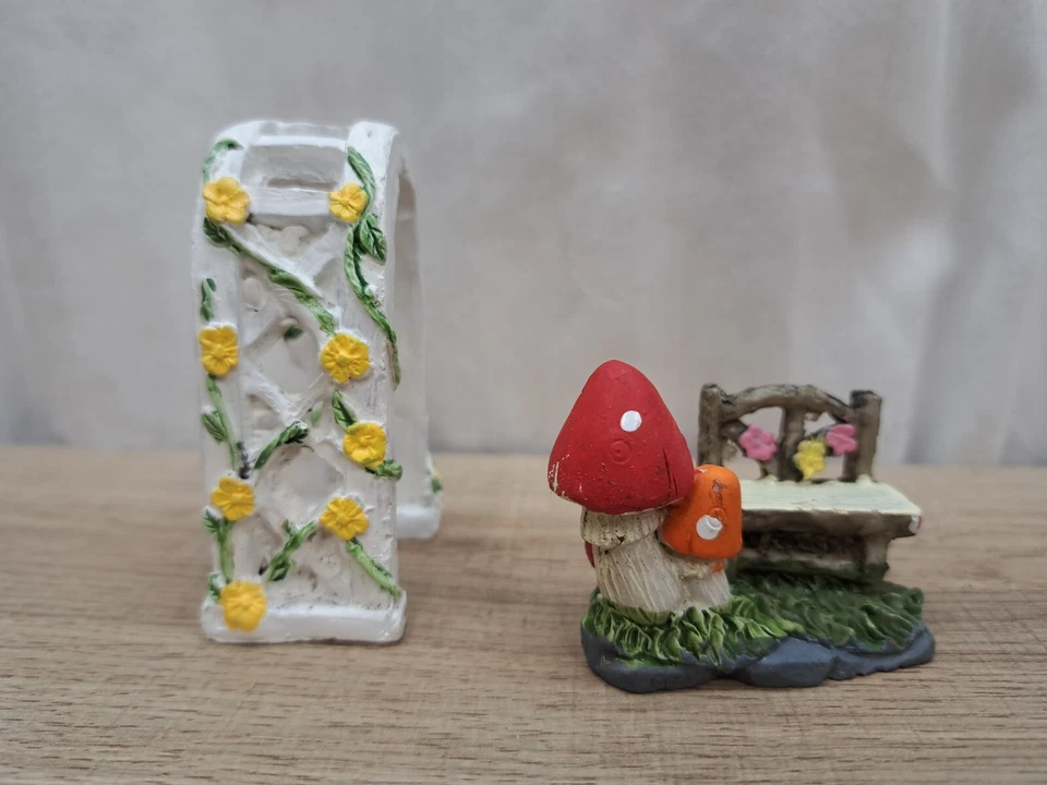 Miniature Fairy Garden White Flower Arch, Mushroom Bench Dollhouse Gnome Home - Image 2 of 4