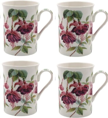 Fine China Fuschia Blumen Tassen, 4er Set, traditionelle Teetassen