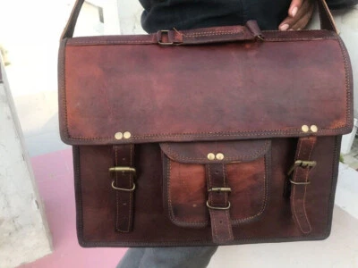 Porte-documents rustique en cuir de chèvre véritable vintage marron messager ... - Photo 1/4