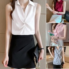 Women Chiffon Vest Satin Shirt V-neck Sleeveless Blouse Pleated Top Business
