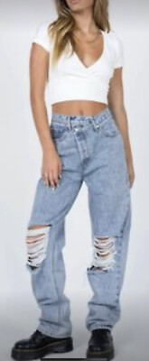 New Princess Polly HOLLY ASYMMETRIC RIPPED LEG JEANS LIGHT WASH DENIM size 6