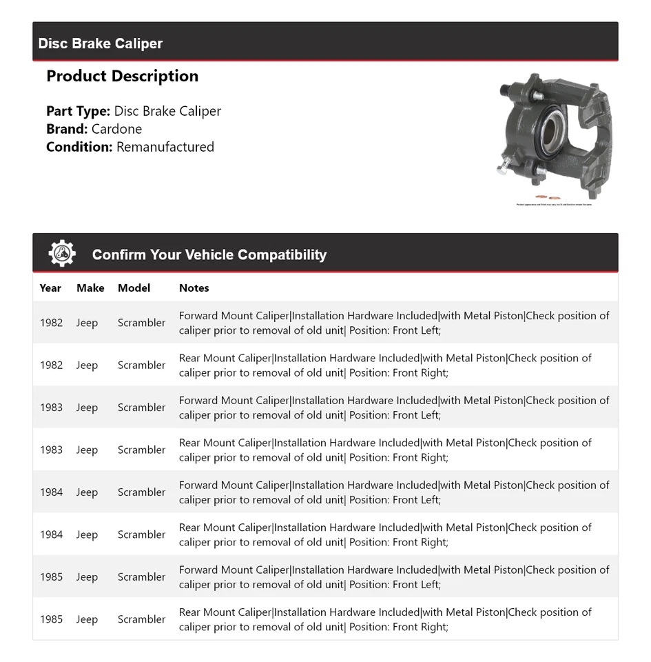 Pinza de freno de disco Cardone 1983 1984 para Jeep Scrambler 1982-1985 Foto 2 de 4