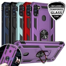 For Samsung Galaxy A11 Ring Case Magnetic Support Metal Stand +Tempered Glass