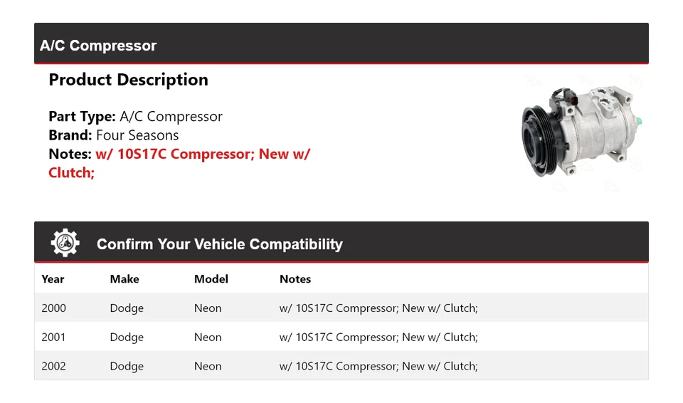 Compresor de aire acondicionado Dodge Neon 2000-2002 4 estaciones 2001 Foto 2 de 4