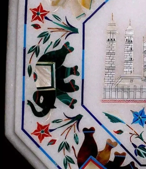 12" Octagon White Marble Coffee Table Mop Taj Mahal Design Handmade Elephant Dec - Image 4 of 4