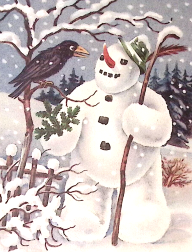 c1920er DEUTSCH Neujahr Postkarte Schneemann mit Federkappe Uhren Krähe in Aufregung - Bild 1 von 3