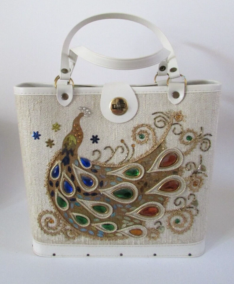 Vintage Enid Collins Style Winter White Jeweled Peacock Hand Bag - Image 3 of 4