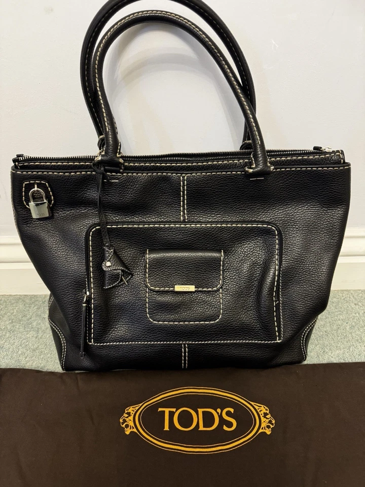 Authentic Tod’s Black Leather Tote Bag With Contrast White Stitches And Dust Bag - Image 3 of 4