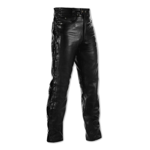 Mens Motorcycle Motorbike Biker Leather Trousers Jeans Laces Cruiser Black 34 - Picture 1 of 2