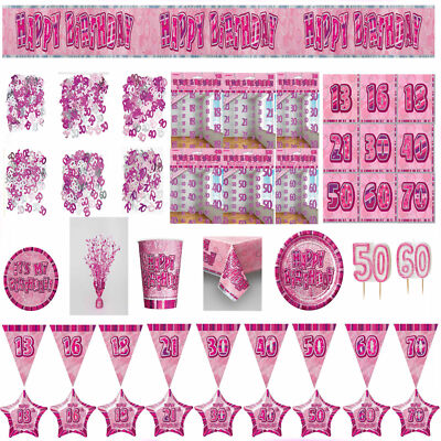 Rosa Glitzer Geburtstag Geschirr Alter 13-60 Party Zubehör Teller Banner Kerze