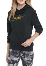 New NIKE Size XS Glitter Logo Fleece Funnel-Neck Hoodie Sweatshirt Black Gold