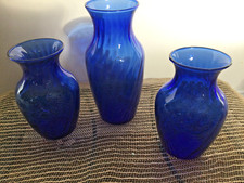 3 Vintage Cobalt Blue Glass optic twist  potbelly Vases - Nice! 7.5'' 4.5''